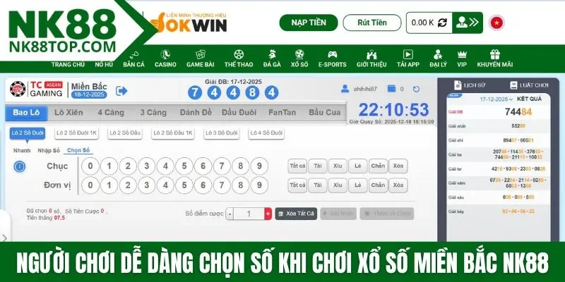 Người chơi dễ dàng chọn số khi chơi xổ số miền Bắc NK88