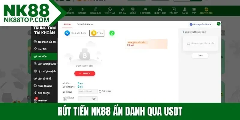 Rút tiền NK88 ẩn danh qua USDT